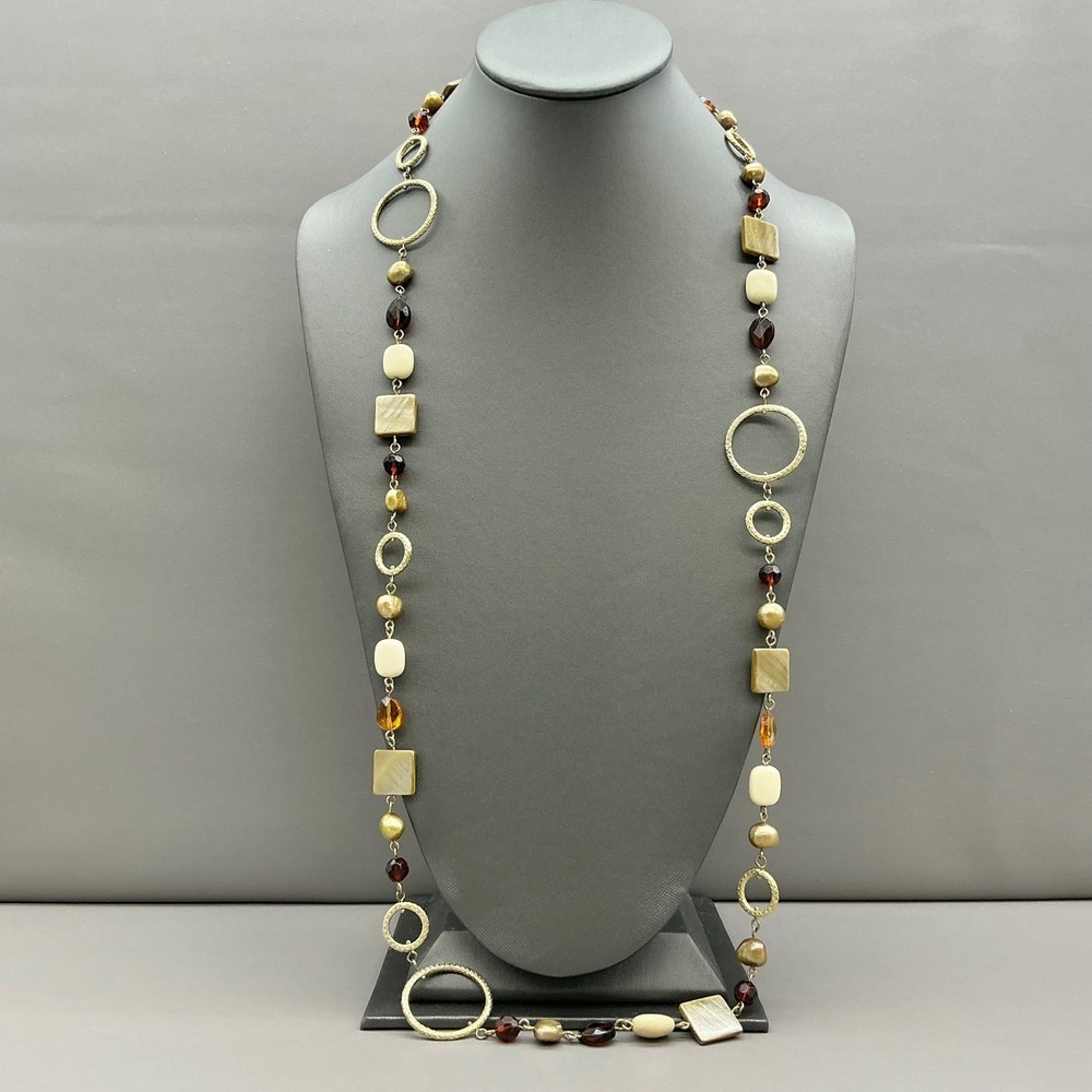 Lia Sophia Necklace Long Geometric Beaded Statement Gold Tone Shell Adjustable‎
